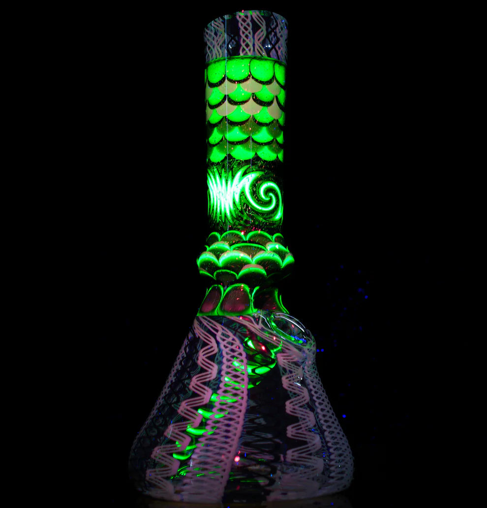 Grey Mandala Cymatic Scale Latticino || Dot-Stacked & Scaled || Inlayed Gold & AAA Mint Sphere Opal || UV Reactive Uranium Glass