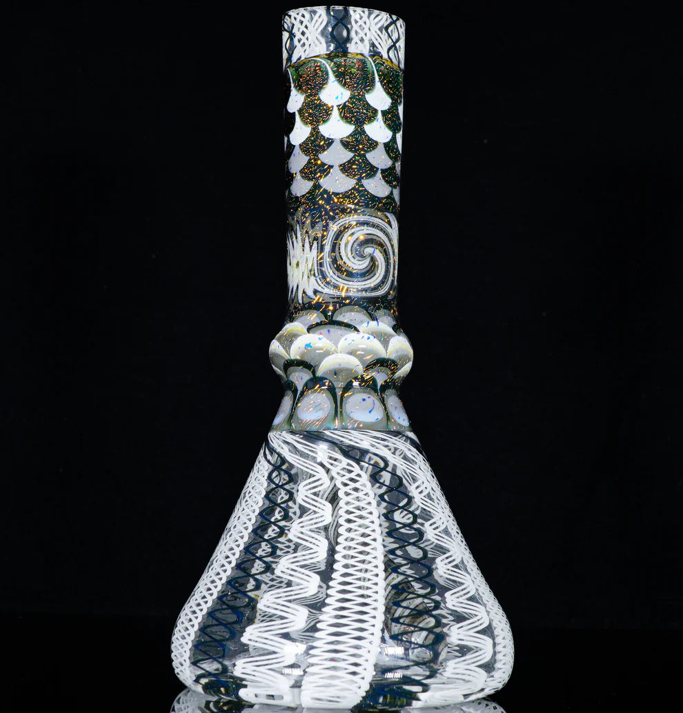 Grey Scale Latticino Dot-Stacked & Scaled || Over Layed Gold Dichro and Inlayed AAA Sphere Opal || UV Reactive Uranium Glass