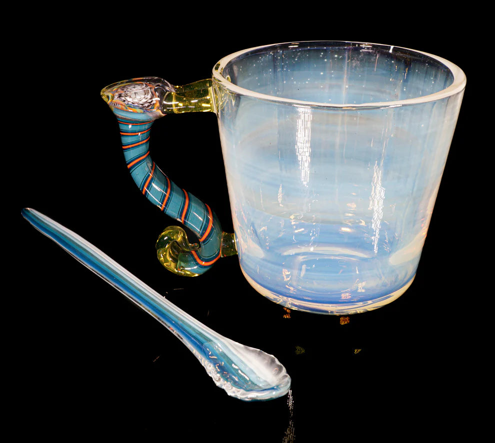 Silver Fumed, Fire and Ice UV Reactive Double Espresso Cup & Scalloped Spoon || Uranium Glassware ||