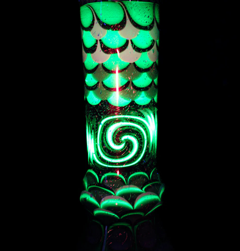 Grey Scale Latticino Dot-Stacked & Scaled || Over Layed Gold Dichro and Inlayed AAA Sphere Opal || UV Reactive Uranium Glass