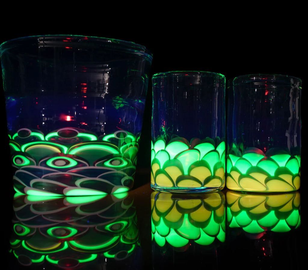 Glass Set Art Ware •Mandala Drinking Glass• 3 Piece Set • UV Reactive Uranium