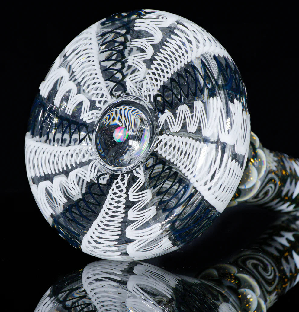 Grey Scale Latticino Dot-Stacked & Scaled || Over Layed Gold Dichro and Inlayed AAA Sphere Opal || UV Reactive Uranium Glass