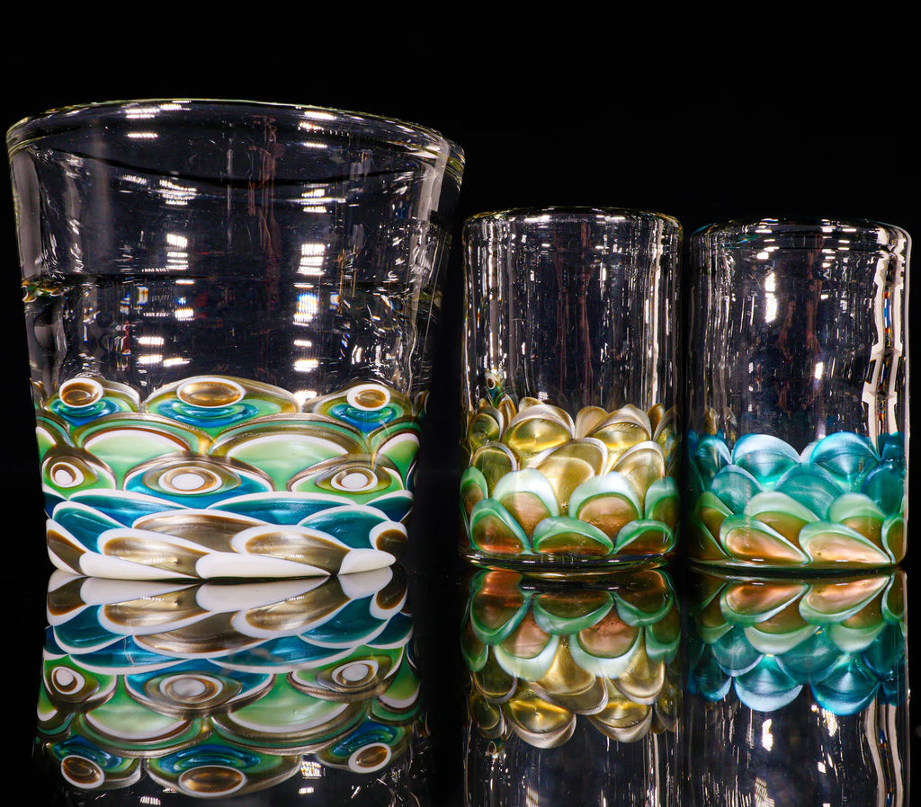 Glass Set Art Ware •Mandala Drinking Glass• 3 Piece Set • UV Reactive Uranium