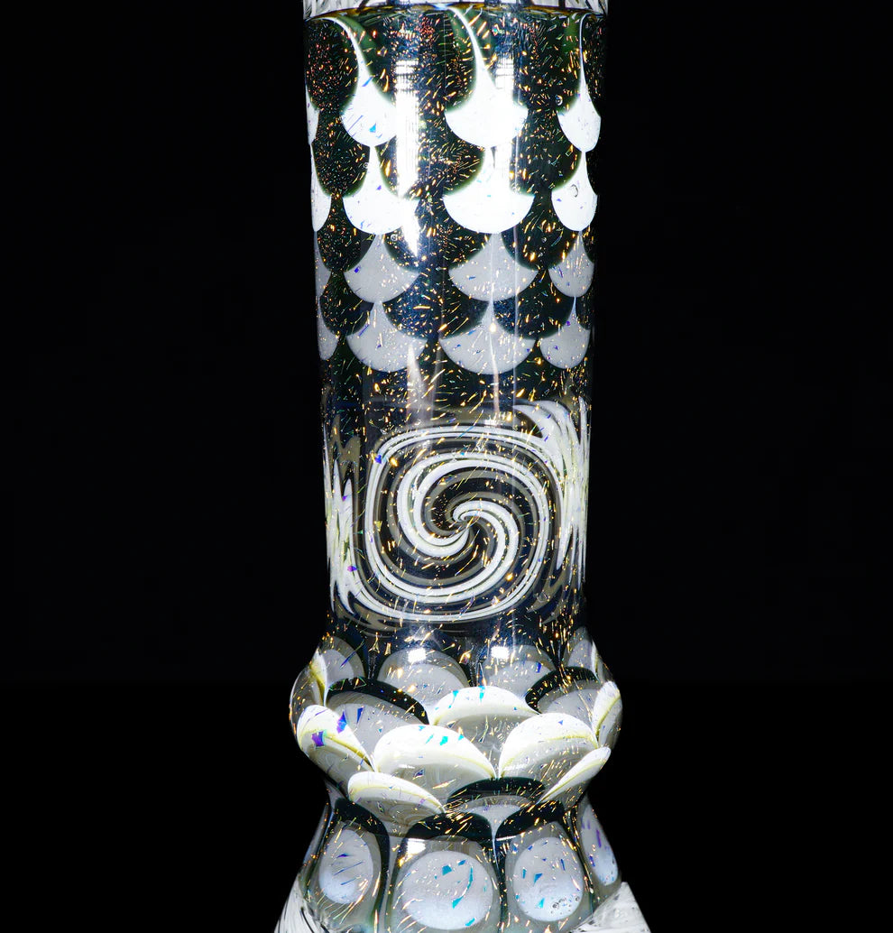 Grey Mandala Cymatic Scale Latticino || Dot-Stacked & Scaled || Inlayed Gold & AAA Mint Sphere Opal || UV Reactive Uranium Glass