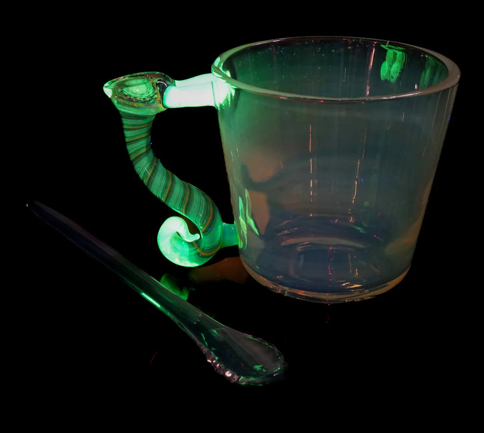 Silver Fumed, Fire and Ice UV Reactive Double Espresso Cup & Scalloped Spoon || Uranium Glassware ||