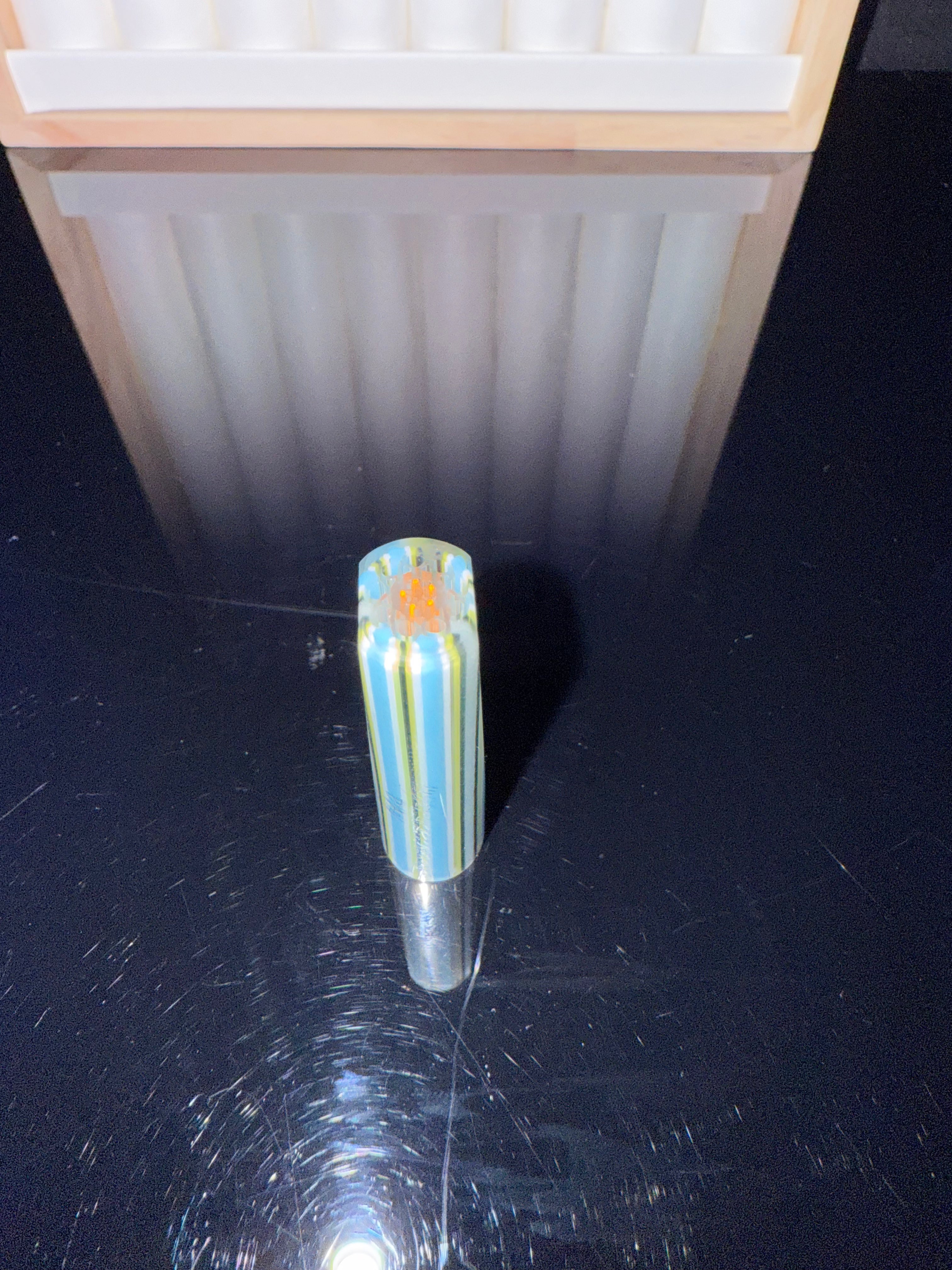 One-Of-One Hand Sculpted Original Geometric Glass Art
—||Tsunami Aqua Glow Sunrise Color Core || 11.5mm x 5.7cm XL|| Connoisseur Luxury Satin Flat-Bill Gloss Finish || GT-R.38 Exotic|| D08 |